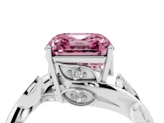 Fancy Pink Asscher Cut Diamond Solitaire Twist Engagement Ring Set in White gold with Pavé Leaf Accents