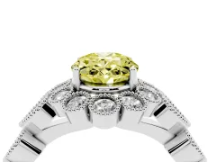 Fancy Yellow Oval Cut Diamond Solitaire Ring Set in White gold with Milgrain Pavé Heart Band