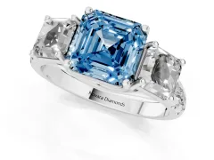 Fancy Blue Asscher Cut Diamond Three-Stone Ring Set in Platinum with Pavé Band