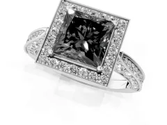 Fancy Black Princess Cut Diamond Halo Engagement Ring Set in Silver with Accent Split Shank Band