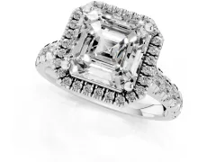 Asscher Cut Diamond Halo Engagement Ring Set in Platinum with Pavé Band and Prong-Set Center