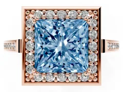 Fancy Blue Princess Cut Diamond Halo Ring Set in Rose gold with Accent-Lined Split Shank and Prong Setting