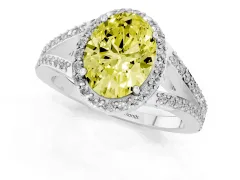 Fancy Yellow Oval Cut Diamond Halo Split Shank Pavé Ring Set in Platinum with Prong Setting