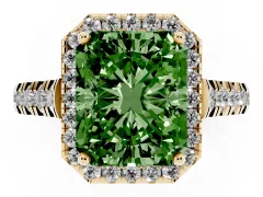 Fancy Green Radiant Cut Diamond Halo Engagement Ring Set in Yellow gold with Pavé Band and Prong-Set Center