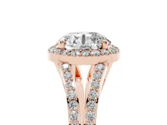 Round Cut Diamond Halo Split Shank Ring Set in Rose gold with Accent Stones and Prong Setting