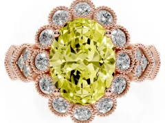 Fancy Yellow Oval Cut Diamond Solitaire Ring Set in Rose gold with Milgrain Pavé Heart Band