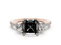 Fancy Black Asscher Cut Diamond Three-Stone Ring Set in Rose gold with Pavé Band and Graduated Sides