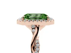 Fancy Green Emerald Cut Diamond Halo Twist Band Solitaire Ring Set in Rose gold with Prong Setting