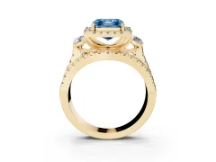 Fancy Blue Asscher Cut Diamond Halo Split Shank Ring Set in Yellow gold with Round Accent Stones and Prong Setting