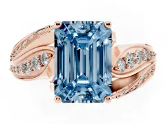 Fancy Blue Emerald Cut Diamond Solitaire Ring Set in Rose gold with Layered Twist Pavé Band