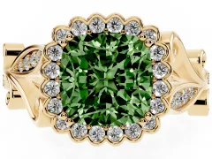 Fancy Green Cushion Cut Diamond Halo Ring Set in Yellow gold with Leaf Motif Split Shank and Prong Setting
