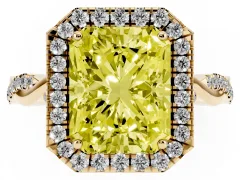 Fancy Yellow Radiant Cut Diamond Halo Twist Band Solitaire Ring Set in Yellow gold with Prong Setting
