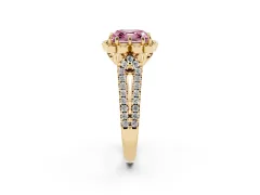 Fancy Pink Asscher Cut Diamond Floral Halo Split Shank Engagement Ring Set in Yellow gold with Pavé Shank