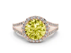 Fancy Yellow Round Cut Diamond Halo Split Shank Ring Set in Rose gold with Accent Stones and Prong Setting