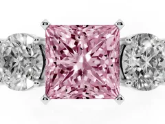 Fancy Pink Princess Cut Diamond Three-Stone Ring Set in Platinum with Round Side Stones and Classic Band