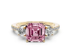 Fancy Pink Asscher Cut Diamond Three-Stone Ring Set in Yellow gold with Pavé Band and Graduated Sides