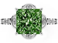 Fancy Green Princess Cut Diamond Solitaire Ring Set in White gold with Pavé Band and Floral Prong Setting