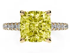 Fancy Yellow Cushion Cut Diamond Solitaire Ring Set in Yellow gold with Brilliant Pavé Band and Prong Setting
