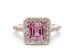 Fancy Pink Asscher Cut Diamond Halo Engagement Ring Set in Rose gold with Round Pavé Shoulders and Heart Gallery