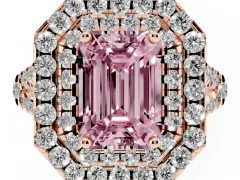 Fancy Pink Emerald Cut Diamond Double Halo Ring Set in Rose gold with Pavé Split Shank and Prong Setting