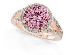 Fancy Pink Round Cut Diamond Halo Split Shank Ring Set in Rose gold with Accent Stones and Prong Setting