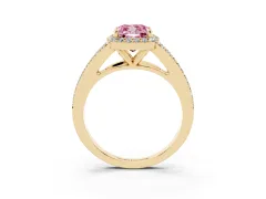 Fancy Pink Cushion Cut Diamond Halo Split Shank Pavé Ring Set in Yellow gold with Prong Setting