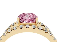 Fancy Pink Cushion Cut Diamond Split Shank Pavé Solitaire Ring Set in Yellow gold with Open Shank Design