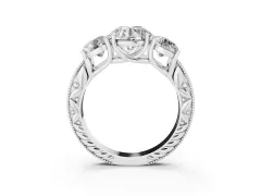 Round Cut Diamond Three-Stone Engagement Ring Set in White gold with Milgrain Pavé Band
