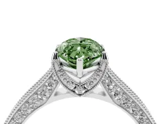Fancy Green Marquise Cut Diamond Solitaire Ring Set in Platinum with Milgrain-Edged Pavé Band and Prong Setting