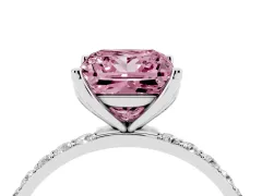 Fancy Pink Princess Cut Diamond Solitaire Engagement Ring Set in Silver with Round Pavé Band and Prong Setting