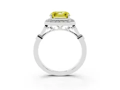 Fancy Yellow Asscher Cut Diamond Halo Engagement Ring Set in White gold with Twisted Band and Prong Setting
