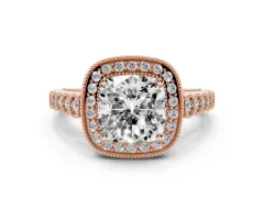 Cushion Cut Diamond Milgrain Halo Solitaire Ring Set in Rose gold with Bezel Set Side Stones and Pavé Band