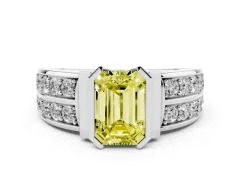 Fancy Yellow Emerald Cut Diamond Wide Channel Set Band Ring Set in Silver with Bezel Setting