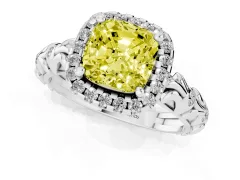 Fancy Yellow Cushion Cut Diamond Halo Ring Set in White gold with Filigree Leaf Band and Prong Setting
