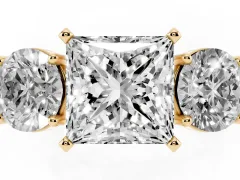 Princess Cut Diamond Three-Stone Ring Set in Yellow gold with Round Side Stones and Classic Band