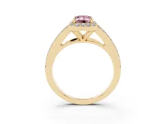 Fancy Pink Emerald Cut Diamond Halo Split Shank Pavé Ring Set in Yellow gold with Prong Setting