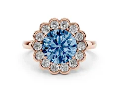 Fancy Blue Round Cut Diamond Halo Cluster Engagement Ring Set in Rose gold with Solitaire Band and Prong Setting