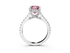 Fancy Pink Princess Cut Diamond Solitaire Ring Set in White gold with Brilliant Pavé Band and Prong Setting
