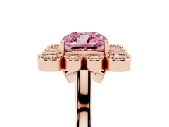 Fancy Pink Cushion Cut Diamond Cluster Halo Ring Set in Rose gold with Milgrain Bezel Accents and Plain Band