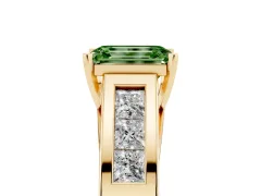 Fancy Green Emerald Cut Diamond Solitaire Ring Set in Yellow gold with Channel-Set Accent Stones and Prong Setting