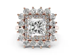 Princess Cut Diamond Floral Double Halo Ring Set in Rose gold with Round Petals