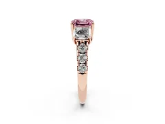 Fancy Pink Asscher Cut Diamond Three-Stone Ring Set in Rose gold with Pavé Band