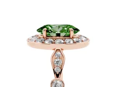 Fancy Green Oval Cut Diamond Halo Engagement Ring Set in Rose gold with Twisted Band and Prong Setting