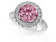 Fancy Pink Round Cut Diamond Halo Ring Set in White gold with Pavé Shank and Prong Setting