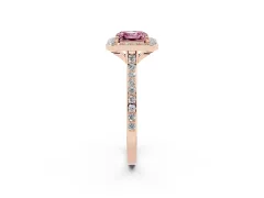Fancy Pink Asscher Cut Diamond Halo Engagement Ring Set in Rose gold with Round Pavé Shoulders and Heart Gallery