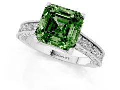 Fancy Green Asscher Cut Diamond Solitaire Ring Set in Silver with Milgrain-Edged Pavé Band and Prong Setting