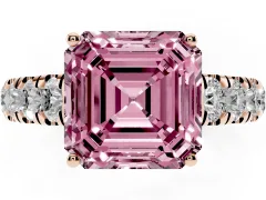Fancy Pink Asscher Cut Diamond Solitaire Ring Set in Rose gold with Cut-Down Micro Pavé Band and Prong Setting