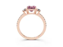 Fancy Pink Asscher Cut Diamond Three-Stone Ring Set in Rose gold with Pavé Band and Graduated Sides