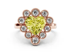 Fancy Yellow Heart Cut Diamond Cluster Halo Ring Set in Rose gold with Milgrain Bezel Accents and Plain Band