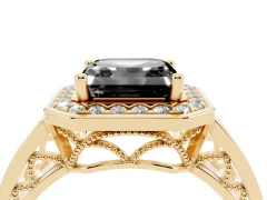 Fancy Black Asscher Cut Diamond Halo Ring Set in Yellow gold with Pavé and Bezel Accent Split Shank